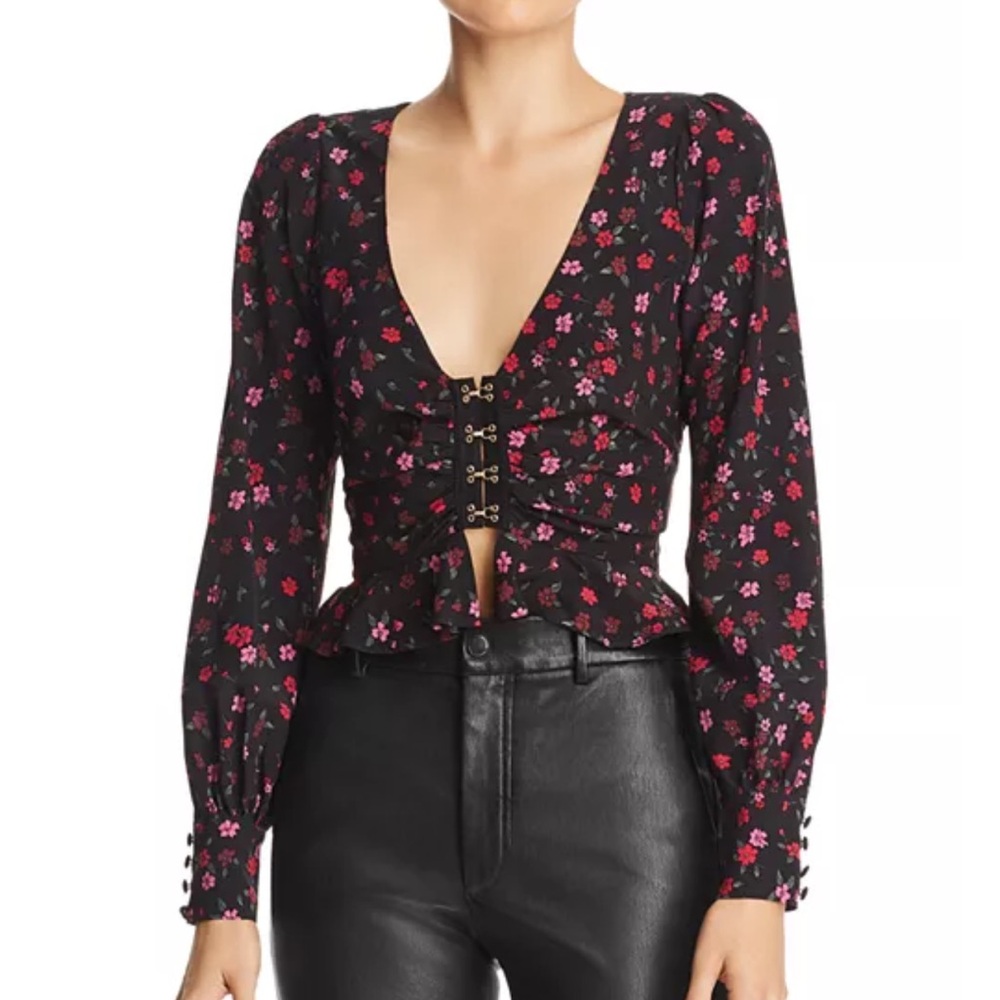 For Love & Lemons Black Floral Hook-Front Peplum Blouse